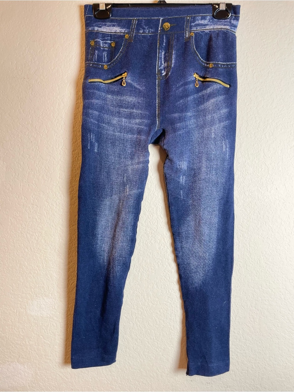 Dark Blue Faux Denim Leggings with Gold Zipper Accents